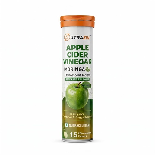 [BRSRY2Y3AUCGCCTX] Apple Cider Vinegar Effervescent Tablets | Green Apple Flavour | With Moringa, Cinnamon & Guggul | Craving Control Support | 750 mg ACV | 15 Tablets