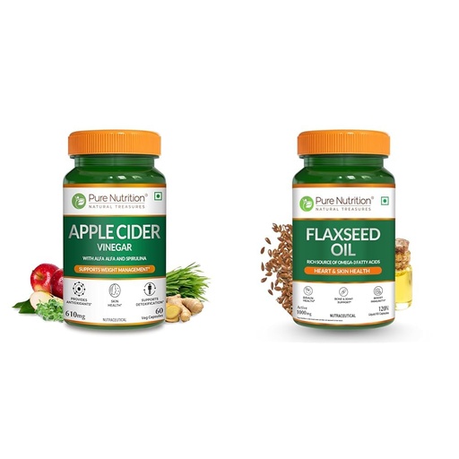 [BRSRYYACOENBMEI4] Pure Nutrition Apple Cider Vinegar with Wheat Grass & Spirulina for Enhanced Wellness | Rich in An | Pure Nutrition Flaxseed Oil Omega 3 6 9-120 Capsules (1000mg) | Plant Based Veg Omega 3 Supplement