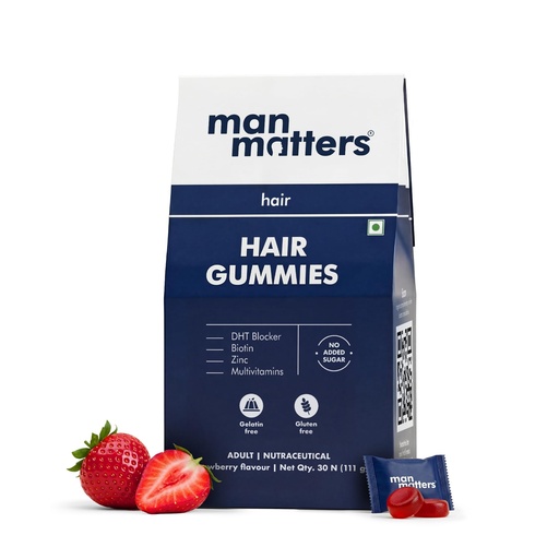[BRSROCQZCIDRQA3O] Man Matters Biotin Hair Gummies (30N) | With Biotin, DHT Blockers, Vitamin A, C, E, Zinc & Fibre | For Healthy & Strong Hair | Strawberry Flavour | Gut Friendly
