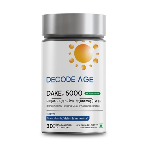 [BRSRYZADAQCQMAL5] Decode Age DAKE 5000 IU Vitamin D3 K2 Supplement with Vitamins E and A in MCT Oil, Vegan Capsules, for Bone, Immune, Heart and Vision Support, 1 Month Supply