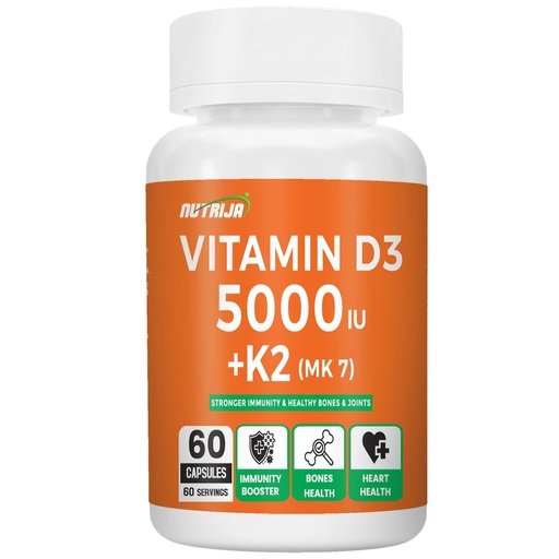 [BRSRYYDYAQJRO3DB] NutriJa Vitamin D3 5000IU + K2 MK-7 100mcg - 60 Capsules | High Strength Vitamin D3 with K2 Menaquinone-7 | Bone, Calcium & Daily Wellness Support | No Artificial Colours, Fillers or Preservatives