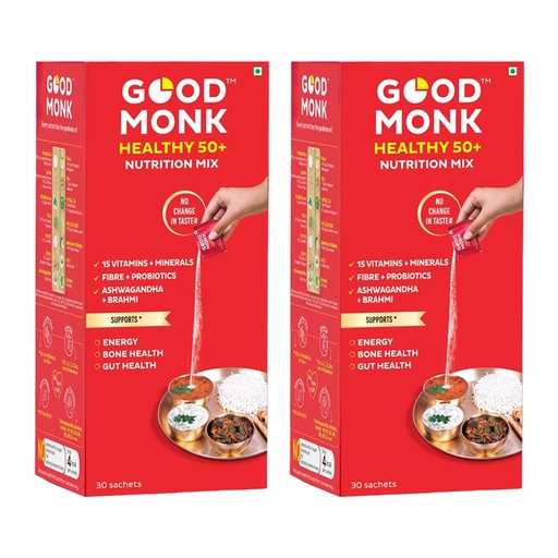 [BRSRO2YTCADQAA3L] Good Monk Healthy 50+ Multivitamin for Senior Men & Women | For Energy, Bone & Gut Health | With Probiotics, Fibre, Ashwagandha, Vit. B12, C, D, Iron, Zinc | Add To Food - No Taste Change | 60 Sachets