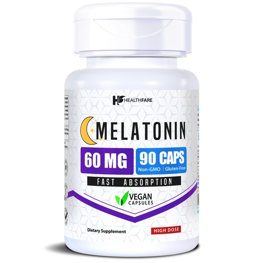 [BRSRMCACOYIRUYD3] Healthfare Melatonin 60mg | 90 Veg Capsules | High-Strength Formula | Vegetarian, Non-GMO, Gluten-Free | Made in the USA