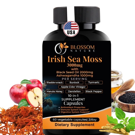 [BRSROBQ7AB5BU2A7] 10-in-1 Irish Sea Moss Veggie Caps 3000mg Black Seed Oil Ashwagandha Bladderwrack Burdock Turmeric Apple Cider Vinegar Manuka Honey Dandelion Black Pepper - Made in US(Veggie Caps, Unflavored)