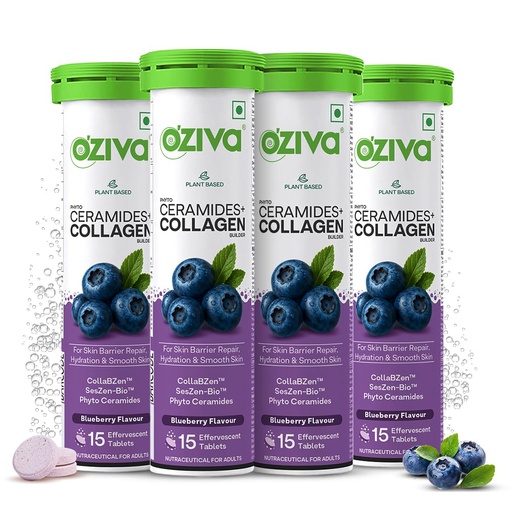 [BRSRGYD4DF5Q42AU] OZiva Phyto Ceramides+ Collagen Builder, Blueberry, 90 Sachets, Pack of 3