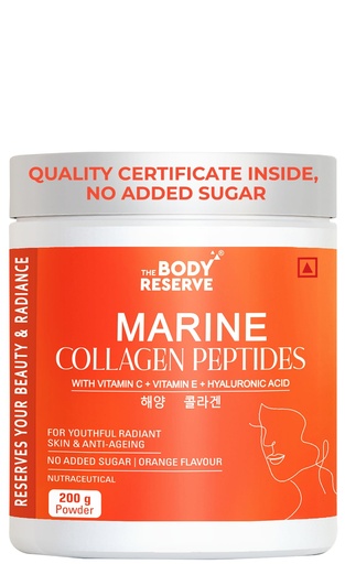 [BRSRGAQYA4FR42D6] The Body Reserve Marine Collagen Peptides (Orange, 200g) | With Vitamin C, Vitamin E, Sodium Hyaluronate & Biotin | Supplement for Healthy Skin, Hair & Nails | Hydrolyzed Fish Powder for Women & Men