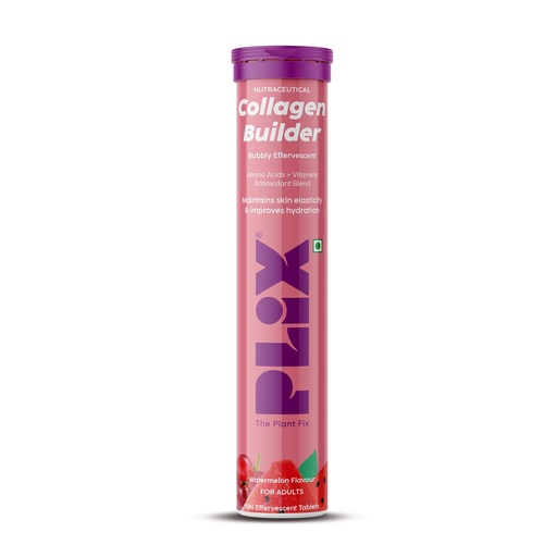 [BRSROA34PICBUAI2] PLIX - THE PLANT FIX Collagen Builder Bubbly Effervescent - 15 Tablets (Watermelon) for Hydrated Skin & Anti-Aging | Amino Acid Blend For Collagen Production | Vitamin C & E | 100% Vegan