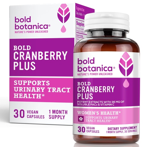 [BRSRMYL2OV5WC23O] Bold Cranberry Plus Extract - 100% Soluble 36mg PACs - Cranberry Supplement for Women & Men with Urinary Tract Support, Non-GMO Vitamin C — 1 Caps = 1 Glass Juice — 30 Vegan Capsules, 1 Month Supply