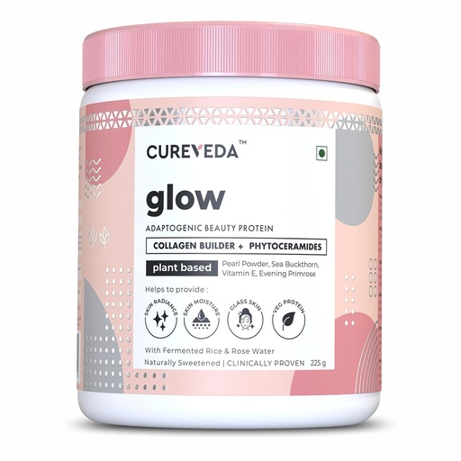 [BRSWGCACB4NAOD3B] Cureveda Collagen Builder Glow Powder for Brighter & Youthful Skin, Plant-Based Supplement with Rose Water, Veg Beauty Protein, Evening Primrose 100IU, No Added Sugar, 225gm