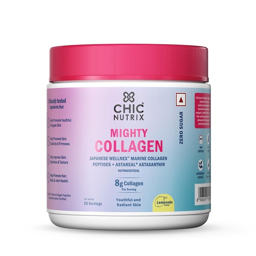 [BRSRMHAECN7ROE3H] Chicnutrix Marine Collagen Supplements Powder for Women & Men | 8000mg Japanese Marine Collagen Peptides, AstaReal Astaxanthin | Zero Sugar, Fast Absorption & No Fishy Aftertaste | Lemonade Flavour