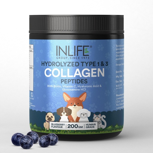 [BRSROAACDEHQIHTD] INLIFE Collagen Peptides Supplement Dogs Cats, Glucosamine, 200g Blueberry