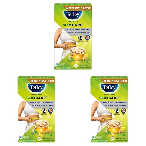 [BRSRYZY3OQIBAD3V] Tetley Green Tea Slim Care, With Added L-Carnitine, Helps Burn Body Fat, Boosts Energy, Low Calories, Delicious Natural Ginger, Mint and Lemon Flavours, Makes 25 cups (Pack of 3)