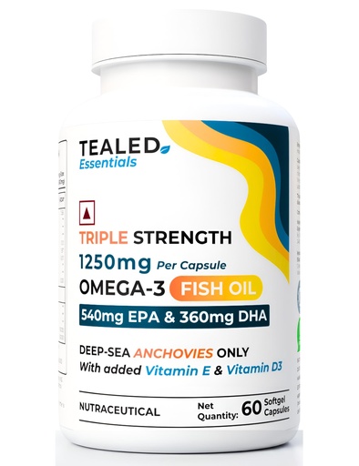 [BRSREA35BN7BSGYU] Omega 3 Fish Oil 1250mg | Triple Strength | 540mg EPA + 360mg DHA | Eurofins Lab Tested | With Vitamin D3 & E | Heart Brain Joint Support | No Fishy Burps | 60 Lemon Softgels for Men & Women