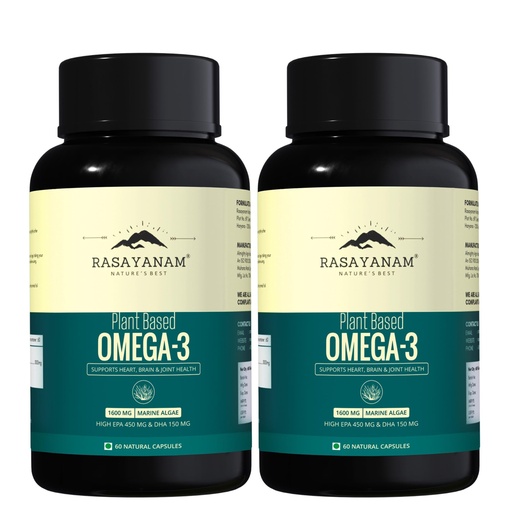 [BRSREYDQOEIQMALL] Rasayanam Plant Based Omega-3 Capsules, 1600mg | Gelatin Free, No Fish Oil, No Burps | 450mg EPA & 150mg DHA, Better Joint & Heart Health | Vegetarian Omega 3 Supplement - Pack of 2 (120 Capsules)