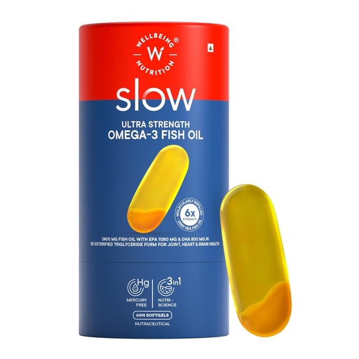[BRSREFQCDIDQKDL3] Wellbeing Nutrition Slow 6x Strength Omega 3 Fish Oil Capsules | 2400mg with EPA 1080mg, DHA 800mg & Curcumin for Men & Women | No Fishy Burp | For Brain, Heart, & Joint Health, 60 Capsules