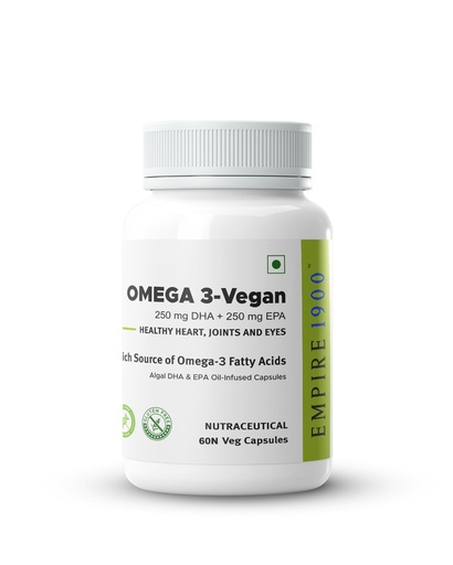 [BRSROAQNCEDRGFDU] EMPIRE 1900 Omega 3 Vegetarian Capsule (EPA+DHA) | Sourced from Algae | Healthy for Men and Women | Benefits Eyes, Skin, Joints, Brain, and Heart | Suitable for Vegan Diet | Immune Health | (60 Capsules)