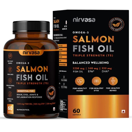 [BRSRMALRCUNGOH3O] Nirvasa Omega 3 Salmon Fish Oil Softgels (Triple Strength, 60 Capsules) 1250mg | 560mg EPA & 400mg DHA | Supports Heart, Brain, Eye & Bone Health | No Fishy Burps | For Men & Women- Pack of 1