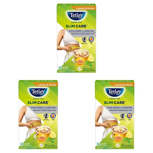 [BRSRYZY3AEFQECDG] Tetley Green Tea Slim Care, With Added L-Carnitine, Helps Burn Body Fat, Boosts Energy, Low Calories, Delicious Natural Lemon and Honey Flavours, Makes 25 cups (Pack of 3)