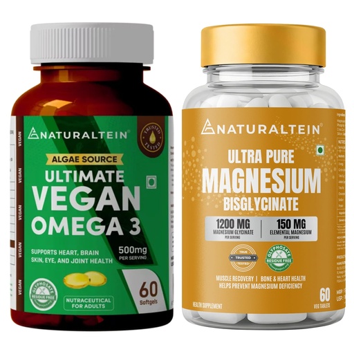 [BRSRGBQYCBYQ4E3P] Naturaltein Vegan Omega-3 (60 Softgels) + Magnesium Glycinate 1200mg (60 Tablets) | Algae-Based DHA EPA | Stress Relief, Deep Sleep, Muscle Recovery & Heart Support | High Absorption Wellness Combo