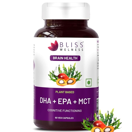 [BRSROBIBOUPAIGTD] Bliss Welness Vegan Omega 3 DHA EPA MCT 1000mg Algae Oil | For Brain Heart Hair Skin Joints & Eye Health - 60 Vegetarian Capsules