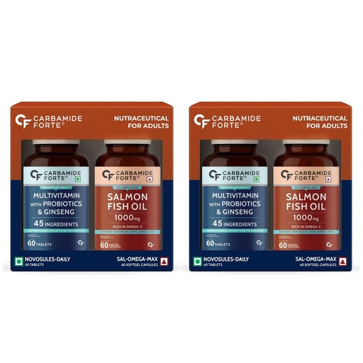 [BRSREGAQOQIGEYLH] Carbamide Forte Multivitamin Tablet for Men and Women with Probiotics & Omega 3 fish oil capsules | Daily Immunity, Heart, Brain & Joint Support | 60 Tablets + 60 Softgel Capsules (Pack of 2)