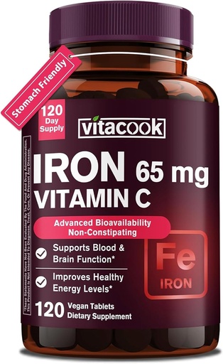 [BRSRAHT5CMNR4E3U] Iron Supplement for Women Men, High Potency Iron 65mg with Vitamin C 250mg, Stomach Friendly Iron Pills for Red Blood Cell & Immune Support, Non-GMO & Gluten Free,120 Vegan Tablets