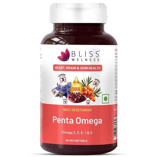 [BRSREEAFCQFRACQU] Bliss Welness Veg Omega 3 5 6 7 9 Supplement | Plant Based Algal (DHA), Flaxseed Oil (ALA), Pomegranate Seed, Sea Buckthorn, Borage (GLA), Rosemary Extract, Sunflower Extract & No Fish Oil | Supports Heart, Hair, Skin & Joint Health | 60 Vegan Softgel Capsules
