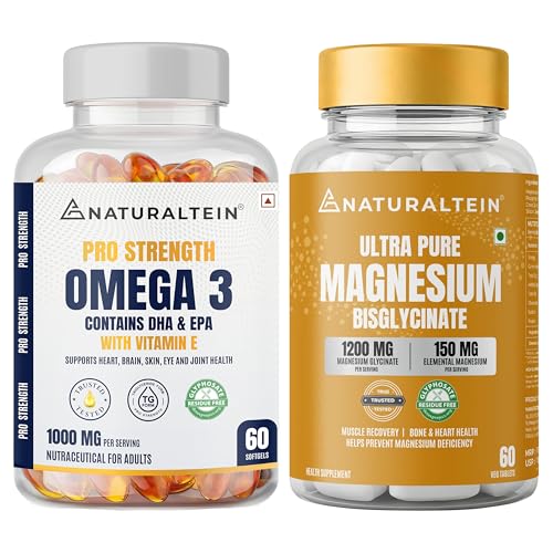 [BRSRGBQTBZ7QE33V] Naturaltein Omega 3 Fish Oil 1000mg (60 Softgels) + Naturaltein Magnesium Glycinate 1200mg 60 Tablets | Heart Health, Brain Support, Muscle Relaxation & Sleep Support Combo