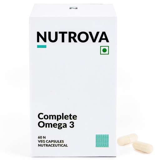 [BRSWYCQRCV7BA3LX] NUTROVA Complete Omega 3 Vegan and Gelatin-Free 60 capsules with Marine Algal Extract Containing 17% vegan-sourced DHA – Supports Cardio Health, Skin & Hair etc - Ideal for Vegans & Vegetarians