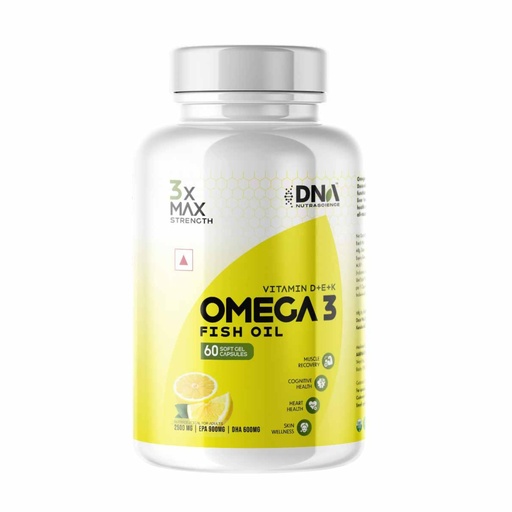 [BRSRGAYBCEGRSAYU] 3X Max Strength Omega 3 Fish Oil 2500 mg with EPA 900 mg DHA 600 mg Vitamins D E K Lemon Flavour 60 Softgels High Potency Triple Action Heart Brain Joint Support Supplement