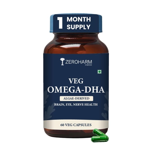 [BRSW2BI7OV7WOCA4] Zeroharm Veg Omega DHA Capsules 400mg | Plant-Based Omega-3 from Algae (Not Fish Oil) | Supports Brain, Heart, Eye & Joint Health | Veg Omega 3 DHA Supplement for Men and Women | 60 Capsules