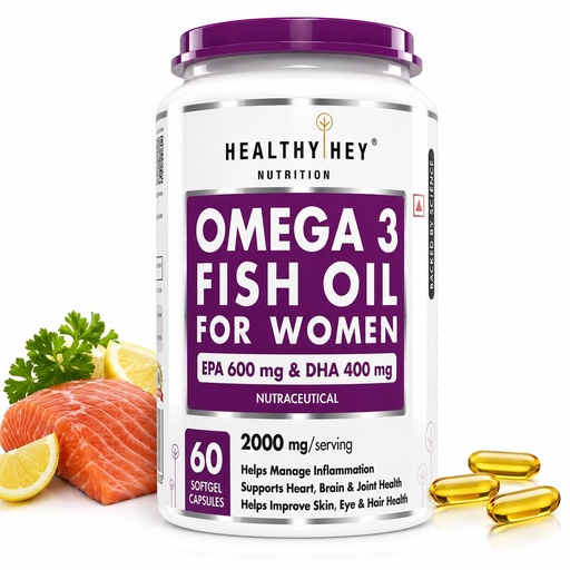 [BRSROAA7BECAIGT3] HealthyHey Nutrition Omega 3 Fish Oil for Women - 2000 Mg/serving - 60 Softgel Capsules (600 EPA & 400 DHA)