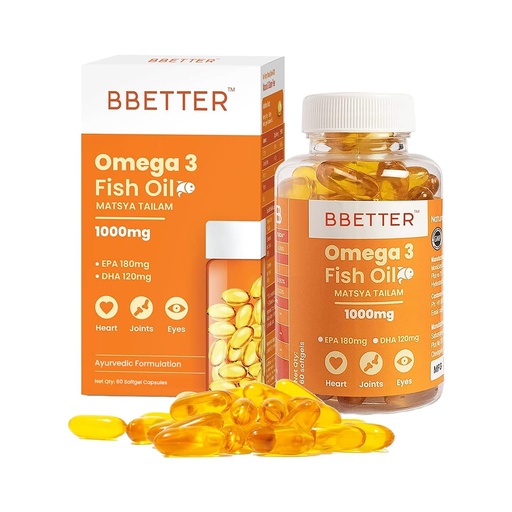 [BRSWYHT2AR7BOF37] BBETTER Omega 3 Fish Oil Capsules 1000mg | Lab Tested Fish Oil Capsules | Lab Report Attached |High Absorption for Heart, Joints, Eyes & Brain | No Fishy Burps |180 EPA :120 DHA | 60 Softgels
