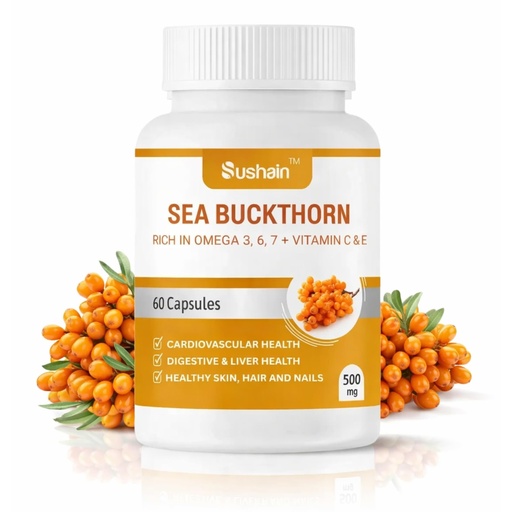 [BRSREFINBZ4BQCI4] Sushain Sea Buckthorn Capsules | Omega 3, Omega 6, Omega 7, Omega 9 + Natural Vitamin C | Liver, Heart & Skin Health | Immunity & Antioxidant Support | Ayurvedic Supplement