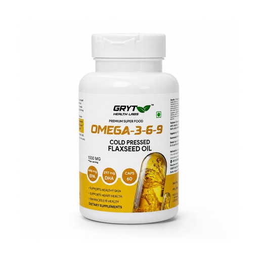 [BRSRYZARCACG2CYZ] Omega 3-6-9 Cold Pressed Flaxseed Oil Capsules 1000mg Per Serving | Plant-Based Omega Supplement | Supports Heart, Skin & Eye Health | Vegetarian Soft Capsules | 60 Capsules