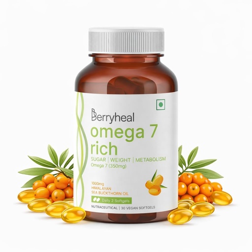 [BRSRMAAKA4FBG2AY] Omega 7 Rich Capsules | Regulates Blood Sugar, Supports Weight Management & Aids Respiratory Health | 100% Vegan Seabuckthorn with Highest 35% Concentrated Omega 7 | 30 Capsules – 15 Days