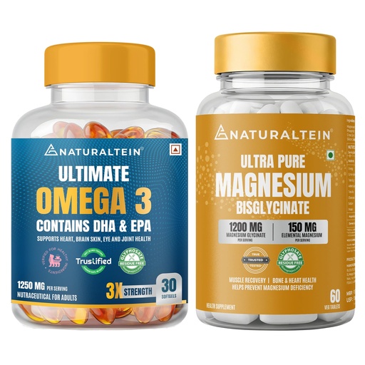[BRSRGBQECMNB633D] Naturaltein Omega 3 Fish Oil 1250mg Triple Strength 30 Softgels + Magnesium Glycinate 1200mg 60 Tablets | Heart Health, Muscle Recovery, Sleep & Stress Support Combo