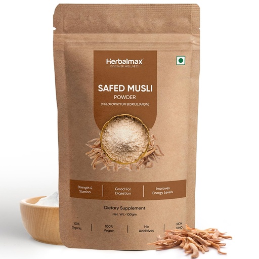 [BRSROHACBMJRUYL2] Herbal Max Organic Safed Musli Root Powder – 100g | Ayurvedic Supplement for Strength, Stamina, Vitality & Performance | Herbal Health Booster