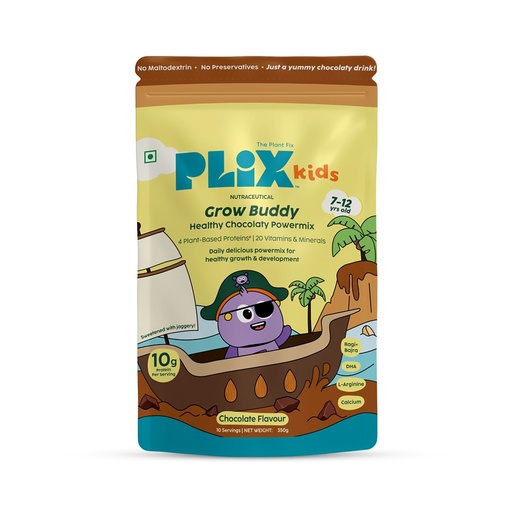 [BRSRGFTYAQARACAY] PLIX Kids Grow Buddy Chocolaty Powermix | 10g Protein | 20 Vitamins & Minerals | DHA & L-Arginine | Healthier Growth & Stronger Bones | Zero Refined Sugar | 7+ years
