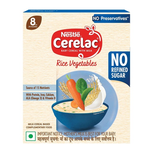 [BRSRAAIKAAFBE336] Nestlé CERELAC Baby Cereal Rice Vegetables, No Refined Sugar STG-2, 300g