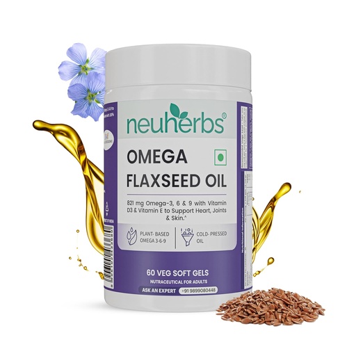 [BRSROYABCUPQMG3O] Neuherbs Flaxseed Oil Omega 3 6 9 Capsules 1000mg For Men & Women | Cold Pressed Flaxseed Oil Veg Omega-3 Supplement With Vitamin D3 & E | Supports Heart, Joint & Skin Health - 60 Softgels