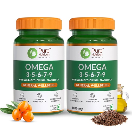 [BRSW2FD3CUOWO2Y7] Pure Nutrition Vegan Omega 3-5-6-7-9 | 60 Veg Softgels (30 x 2) | Blend of Seabuckthorn, Flaxseed, Pomegranate, Borage & Olive Oils | Supports Heart, Nerve, Kidney Health | Improves Lipid Profile & Lowers Cholesterol