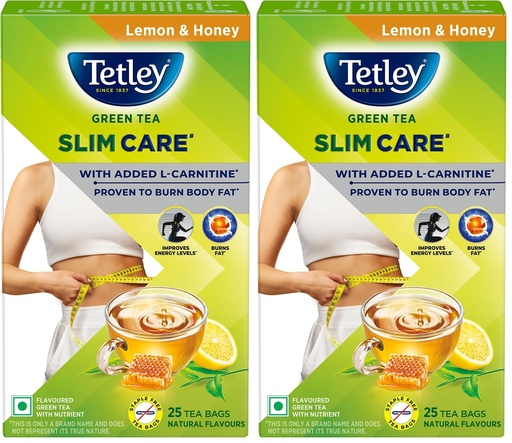 [BRSRYZY3PMBRQ33F] Tetley Green Tea Slim Care, With Added L-Carnitine, Helps Burn Body Fat, Boosts Energy, Low Calories, Delicious Natural Lemon and Honey Flavours, Makes 25 cups (Pack of 2)