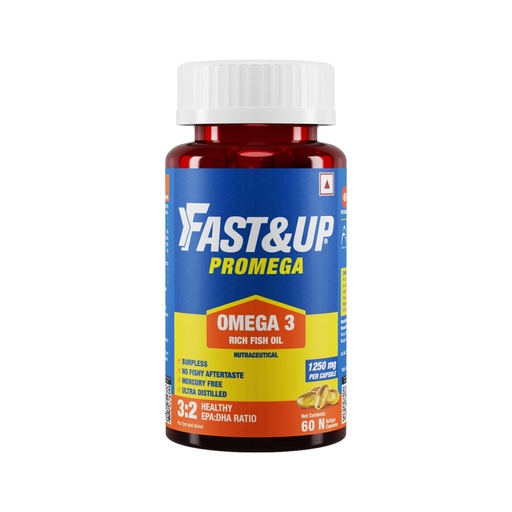 [BRSWGFT6OYFAYDLZ] Fast&Up Promega with Double Strength 1250 mg Omega-3 Rich Fish Oil 60 Capsules | High 375 mg EPA & 250 mg DHA Ratio (3:2) for Heart, Eyes, Joints & Brain Health | No Fishy Aftertaste, Smell or Burps