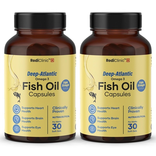 [BRSRYZALBECGM3L4] Triple Strength Omega 3 Fish Oil Capsules 2500mg | EPA - 900mg, DHA - 600mg, Vitamin E and Vitamin D3 | Supports Heart, Brain, Joints & Eye Health | No Fishy Burps, Lemon Flavour - 30 Softgels | Pack of 2