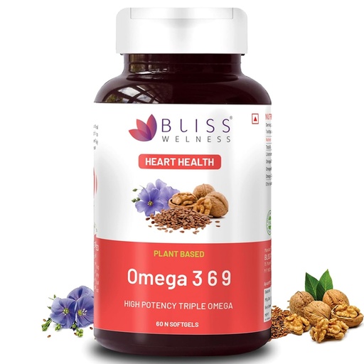 [BRSWKH3YPINRWF3H] Bliss Welness Organic Omega 3 6 9 2000mg | Omega3 ALA 1000mg Omega 6 LA 274mg Omega 9 OA 400mg Essential Fatty Acid | Heart Cholesterol Brain Eye Immunity Health Supplement - 60 Softgel Capsules