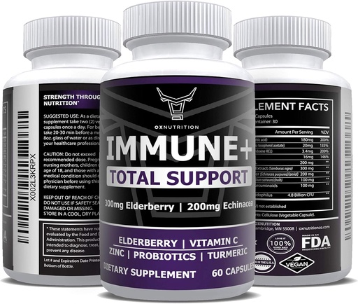 [BRSWYFT3DMGQM2TP] OX Nutrition 10 in 1 Elderberry, Vitamin C, Zinc, Vitamin E, Vitamin B6, Echinacea, Garlic, Turmeric, L-Glutamine HCL & Lactobacillus Probiotics & Antioxidants for Immune Defense 1 Month Supply