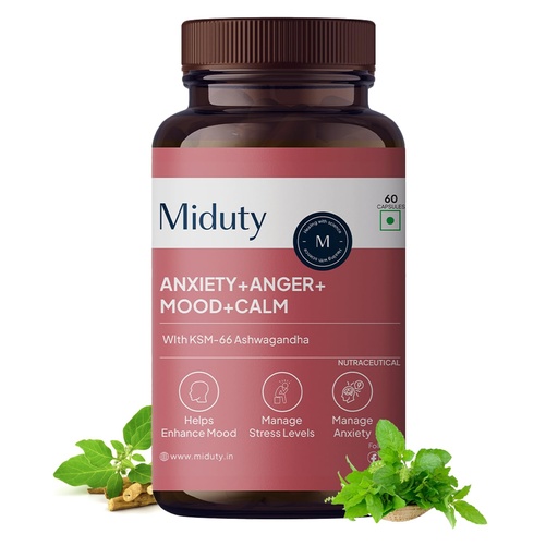 [BRSROFL4BV6RMCTB] Miduty Anxiety Anger Mood Calm Supplement Helps in Happy Mood & Anti Depressant,Stress Reduce|KSM-66 Ashwagandha Root 800mg with Holy Basil Leaf Extract 200 mg,L Theanine|Non Addictive|60 Capsules
