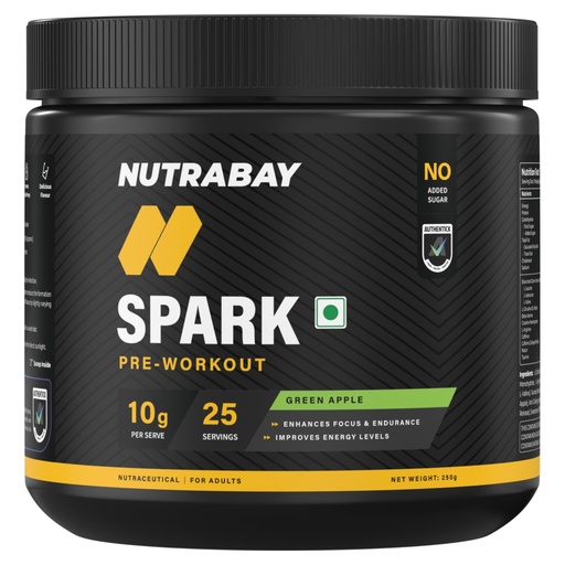 [BRSWYFQZOB7B6ELG] Nutrabay Gold Spark Pre Workout Supplement Powder 300mg Caffeine, 1000mg L-Arginine, 3000mg Beta Alanine, 2500mg Citrulline Malate per Serving – Muscle Pump & Performance – 250g, Green Apple