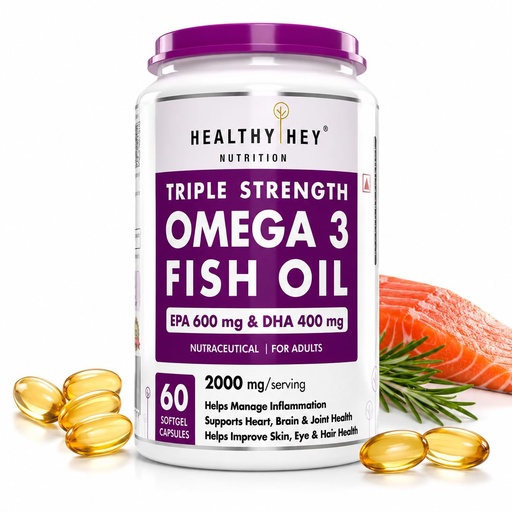 [BRSWGZYYBMCA4C34] HealthyHey Nutrition Fish Oil Capsules Omega 3 60 Softgel For Women and Men | Triple Strength Fish Oil | Burpless, EPA 600 - DHA 400 Supplement
